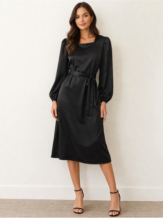 Dresses & Skirts - Black Satin Midi Dress – Puff Sleeve Tie Waist | Elegant Minimalist